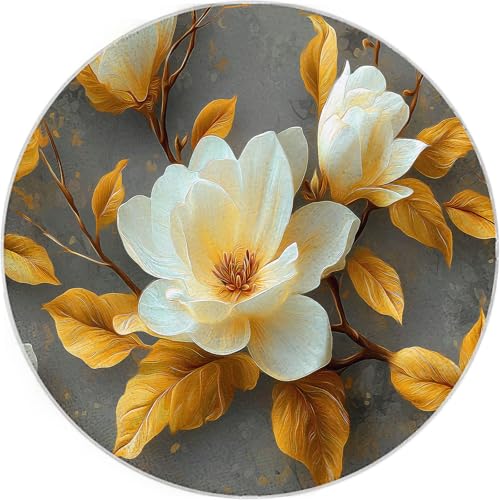 Rund Teppiche Wohnzimmer Blumen Magnolien und goldene Blätter 200 cm - Küche Jugendzimmer Esszimmer Flur und Schlafzimmer Kurzflor Teppich Gegend Extra Weich Pflegeleicht von Generisch