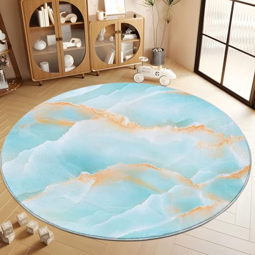 Rund Teppiche Wohnzimmer Hellblauer Marmor 140 cm - Küche Jugendzimmer Esszimmer Flur und Schlafzimmer Kurzflor Teppich Gegend Extra Weich Pflegeleicht von Generisch