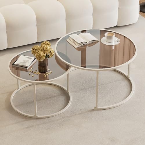 Runde Couchtisch-Set - Tischplatte aus gehärtetem Glas mit abstraktem Metallsockel, modernes Nesting-Design für Wohnzimmer oder Wohnung Runde Couchtisch-Set - Tischplatte aus gehärtetem Glas mit abstraktem Metallsockel, modernes Nesting-Design für Wohnzimmer oder Wohnung von Generisch