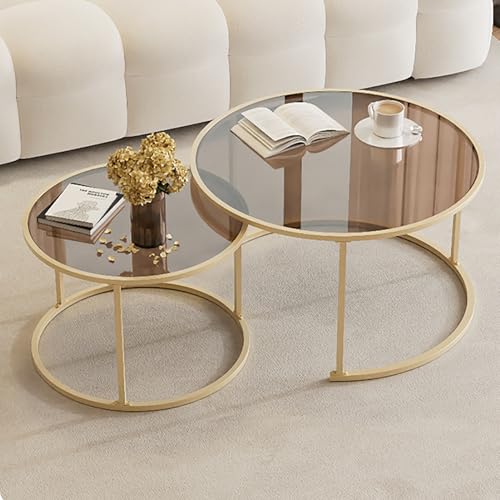 Runde Couchtisch-Set - Tischplatte aus gehärtetem Glas mit abstraktem Metallsockel, modernes Nesting-Design für Wohnzimmer oder Wohnung Runde Couchtisch-Set - Tischplatte aus gehärtetem Glas mit abstraktem Metallsockel, modernes Nesting-Design für Wohnzimmer oder Wohnung von Generisch