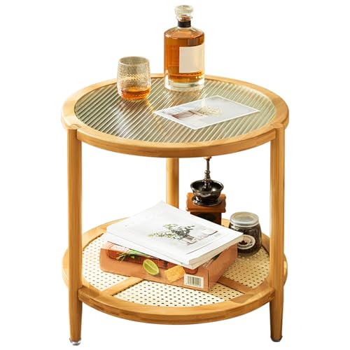 Runde Couchtische mit Bambusrahmen und Glas-Arbeitsplatte, kleiner Sofa-Nachttisch für Wohnzimmer/Schlafzimmer, einfach zu montieren, 54 x 54 x 50 cm von Generisch