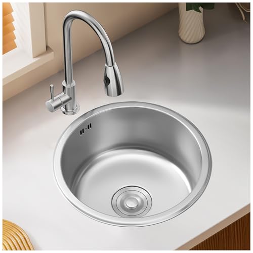 Runde Edelstahl-Mini-Bar-Spüle, Aufsatz/Unterbau, Haushalts-Gemüse-Waschbecken mit Ablauf-Set, langlebiges silberfarbenes Design für Küche und Garten, 40 x 40 cm Runde Edelstahl-Mini-Bar-Spüle, Aufsatz/Unterbau, Haushalts-Gemüse-Waschbecken mit Ablauf-Set, langlebiges silberfarbenes Design für Küche und Garten, 40 x 40 cm von Generisch