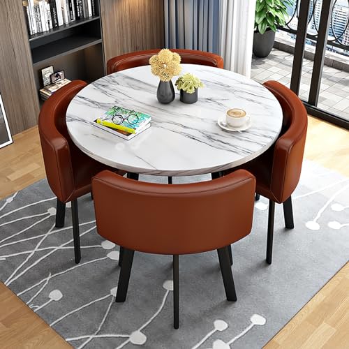 Runde Esstisch-Set aus Marmor für 4 Personen mit Stühlen – eleganter Büro-Empfangs-Schreibtisch & Stuhl-Kombination – perfekt für Lounge- und Wohnzimmerdekoration von Generisch