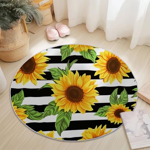 Runde Teppiche 60 cm für Wohnzimmer, Retro Cartoon Blumen Sonnenblumen Drucken Flanell Teppich für Kinderzimmer Schlafzimmer, Flauschig rutschfest Fußmatte Waschbar, Gelb von Generisch
