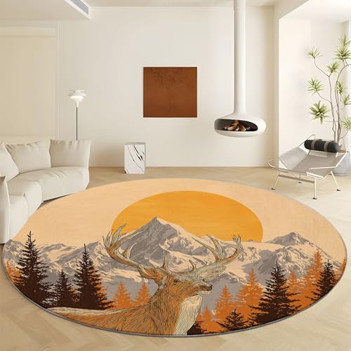Runde Teppiche Ø 140 cm, Gelb Bedruckte Dekorteppiche - Waldtiere Hirsche Berge Waschbar rutschfeste Runde Teppiche Flauschig Weich für Wohnzimmer Schlafzimmer Kinderzimmer von Generisch