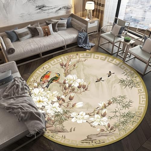 Runde Teppiche für Wohnzimmer, Schlafzimmer – weiche, rutschfeste Fußmatten mit chinesischem Stil, florales Vogel-Design, waschbarer Teppich Runde Teppiche für Wohnzimmer, Schlafzimmer – weiche, rutschfeste Fußmatten mit chinesischem Stil, florales Vogel-Design, waschbarer Teppich von Generisch