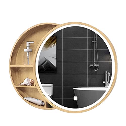 Runder Badezimmer-Schminkspiegel mit Lichtern, Wandmontage, Holz, Schminkspiegel mit Aufbewahrungsschrank, stilvoller beleuchteter runder Kosmetikspiegel für Schlafzimmer und Badezimmer von Generisch