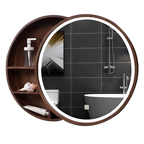 Runder Badezimmerspiegel aus Massivholz mit LED-Lichtleiste & Aufbewahrungsschrank zur Wandmontage, 70 cm, Braun - Stilvolles funktionales platzsparendes Design für moderne Badezimmer von Generisch