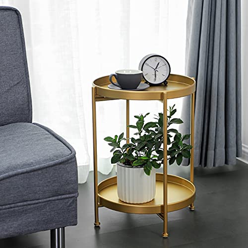 Runder Beistelltisch aus Metall, 2-stöckiges Design mit abnehmbarem Tablett, vielseitiger Couchtisch für drinnen und draußen, perfekt für Sofabeilagen von Generisch