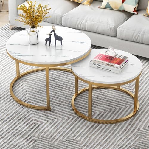 Runder Couchtisch Nisttische 2er Set, Modernes Design für Wohnzimmer, Büro, Balkon, Sinterstein Beistelltisch mit Metallgestell Runder Couchtisch Nisttische 2er Set, Modernes Design für Wohnzimmer, Büro, Balkon, Sinterstein Beistelltisch mit Metallgestell von Generisch