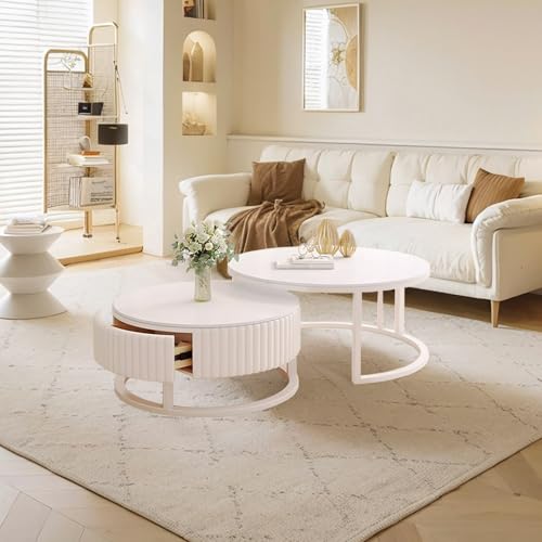 Runder Couchtisch Set, 2er Set, mit Stauraum, Marmor Optik, Holz, Massivholz, Schublade, Metallrahmen, Moderner Wohnzimmertisch im Industrial Style von Generisch