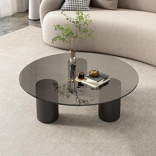 Runder Couchtisch aus Glas für Wohnzimmer, moderner Massivholzsockel mit Vintage-Platte aus gehärtetem Glas, perfekt für Balkon und Heimdekoration von Generisch