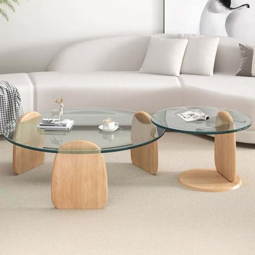 Runder Couchtisch aus Glas mit Holzrahmen und Tischplatte aus gehärtetem Glas, Mid-Century-Design für Wohnzimmer und Büro Runder Couchtisch aus Glas mit Holzrahmen und Tischplatte aus gehärtetem Glas, Mid-Century-Design für Wohnzimmer und Büro von Generisch