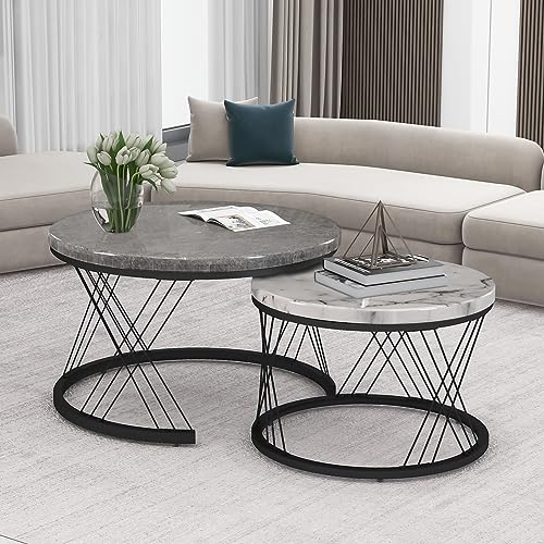 Runder Couchtisch mit Marmor-Muster, 2er-Set mit Metallrahmen, moderner kleiner Beistelltisch für Wohnzimmer, Schlafzimmer, Zuhause oder Büro (Weiß & Grau) von Generisch