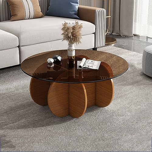 Runder Couchtisch mit klarer Tischplatte aus gehärtetem Glas und Massivholzsockel, ideal für Wohnzimmer oder Terrasse von Generisch