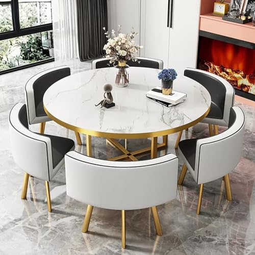 Runder Esstisch Set mit 6 Stühlen, moderner Konferenztisch & Empfangsmöbel, Leder, schwarzes Finish, stilvoll & funktional für Zuhause & Büro Runder Esstisch Set mit 6 Stühlen, moderner Konferenztisch & Empfangsmöbel, Leder, schwarzes Finish, stilvoll & funktional für Zuhause & Büro von Generisch
