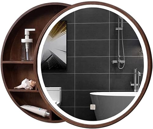 Runder Kosmetikspiegel mit Licht und Aufbewahrungsschrank, wandmontierter Badezimmerspiegel aus Holz mit schlankem Design für Schlafzimmer und Schminktisch. von Generisch