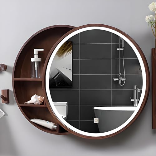 Runder LED Badspiegelschrank mit Beleuchtung und Smart Touch Schalter Braun 70cm von Generisch