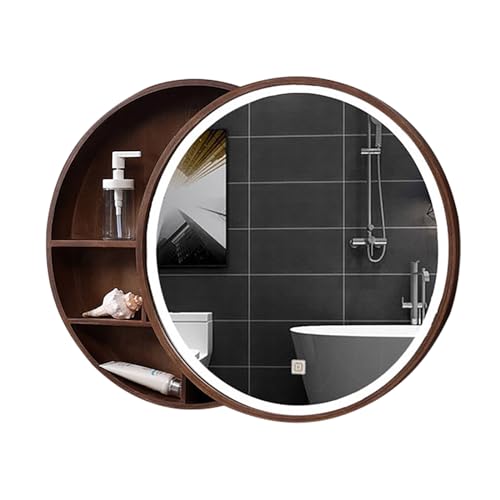 Runder LED-Medikamentenschrank mit Spiegel, Walnussholz, Wandmontage, Badezimmer-Aufbewahrung, ideal für Waschtisch, Schlafzimmer, Wohnzimmer, Eingangsbereich und Badezimmer. von Generisch