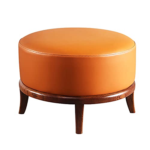 Runder Leder-Fußhocker, hochwertiger moderner Akzentsitz mit Massivholzbeinen für Wohnzimmer, Multifunktions-Ottomane, Fußstütze und Sofa-Hocker von Generisch