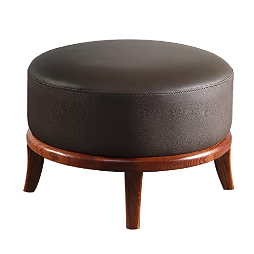 Runder Leder-Fußhocker mit Massivholzbeinen, Premium, moderner Ottomane für Wohnzimmer, Sofa, Multifunktions-Akzentsitz und Fußstütze von Generisch