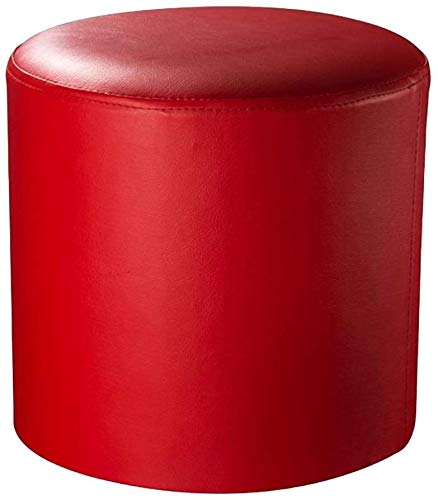 Runder Leder-Pouf, Ottomane, roter Fußhocker, Massivholzsockel, stilvolle kleine Bank für Wohnzimmer, Couchtisch, 33 x 33 x 34 cm, moderne Heimdekoration von Generisch