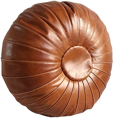 Runder Ottoman Pouf, echtes Rindsleder, handgefertigtes böhmisches Dekor für Wohnzimmer von Generisch