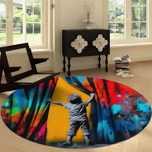 Runder Rutschfester Teppich 160 cm, Bunt Streifen Kinder Waschbarer Teppich - Graffiti Stil Runde Läufer für Küche Waschraum Wohnzimmer Esszimmer Runder Rutschfester Teppich 160 cm, Bunt Streifen Kinder Waschbarer Teppich - Graffiti Stil Runde Läufer für Küche Waschraum Wohnzimmer Esszimmer von Generisch
