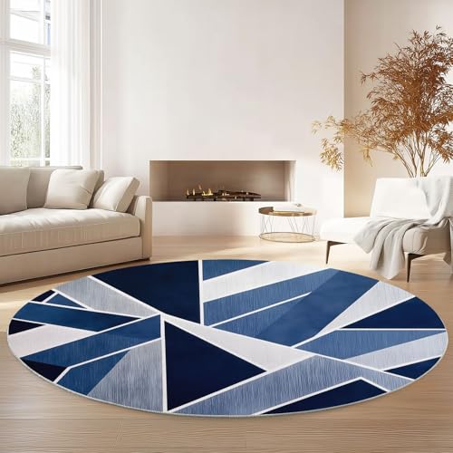 Runder Teppich 100 cm Waschbar Kurzflor, Einfache Geometrie Teppich rutschfest Wohnzimmer Rund Teppiche pflegeleicht für Schlafzimmer Esszimmer Kinderzimmer, Blau Silber von Generisch