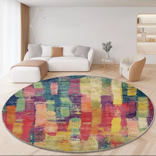 Runder Teppich 160 cm Wohnzimmer Waschbar, Kurzflor Weich Teppich Abstrakte Farbblöcke Im Distressed-Look Motiv Antibakterieller Faltbar rutschfest Schlafzimmer Kinderzimmer Wohnzimmer, Bunt von Generisch