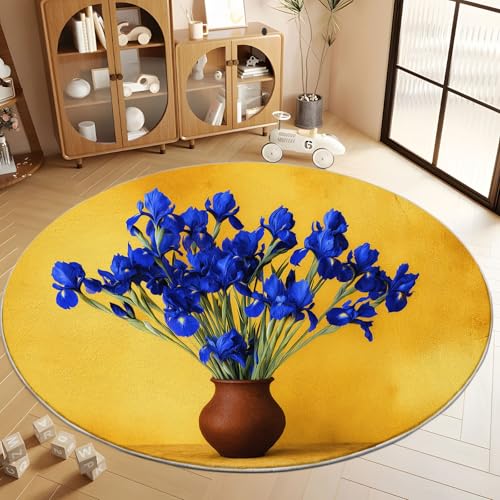 Runder Teppich 80 cm Home Waschbarer Kurzflor Runde Teppiche Ölgemälde Schwertlilien Vase, Modernes Wohnzimmer Schlafzimmer Gelb Korridor Weicher Rutschfester Runder Teppich Büro Bereich Dekor Runder Teppich 80 cm Home Waschbarer Kurzflor Runde Teppiche Ölgemälde Schwertlilien Vase, Modernes Wohnzimmer Schlafzimmer Gelb Korridor Weicher Rutschfester Runder Teppich Büro Bereich Dekor von Generisch