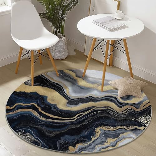 Runder Teppich Abstrakt Fluid Art Acrylmalerei Thema Waschbar Rutschfest Runder Teppich 180 cm für Schlafzimmer Wohnzimmer Esszimmer Innen Dekorative, Kurzflor Flanell Teppiche Schwarzes Gold von Generisch