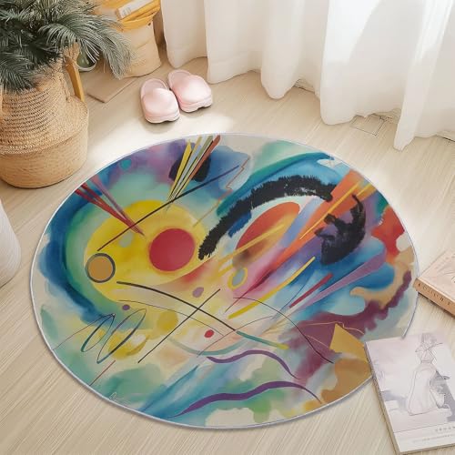 Runder Teppich Beige, Antirutschunterlage Waschbar Mit Bedruckter Abstrakte Aquarell dynamische Linien für Schlafzimmer, Flur Wohnzimmer Couchtisch Fußmatten, 60 cm von Generisch
