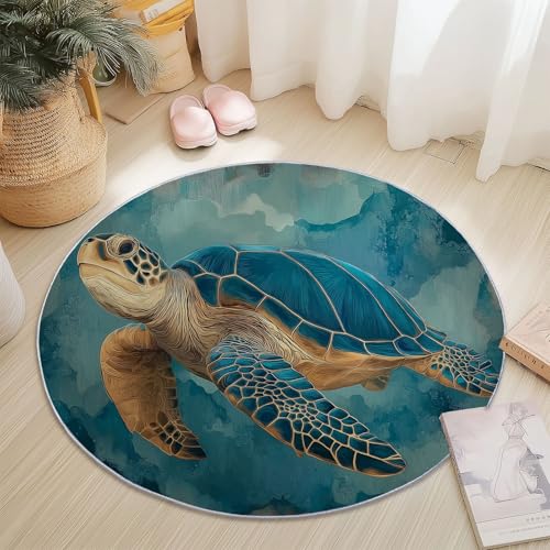 Runder Teppich Blau Braunes, Antirutschunterlage Waschbar Mit Bedruckter Amerikanische ländliche Kunst Schildkröte für Schlafzimmer, Flur Wohnzimmer Couchtisch Fußmatten, 60 cm Runder Teppich Blau Braunes, Antirutschunterlage Waschbar Mit Bedruckter Amerikanische ländliche Kunst Schildkröte für Schlafzimmer, Flur Wohnzimmer Couchtisch Fußmatten, 60 cm von Generisch