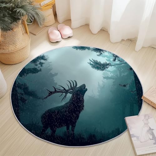 Runder Teppich Blaugrau, Antirutschunterlage Waschbar Mit Bedruckter Fantasie Geheimnisvoll Hirsch Wald für Schlafzimmer, Flur Wohnzimmer Couchtisch Fußmatten, 60 cm Runder Teppich Blaugrau, Antirutschunterlage Waschbar Mit Bedruckter Fantasie Geheimnisvoll Hirsch Wald für Schlafzimmer, Flur Wohnzimmer Couchtisch Fußmatten, 60 cm von Generisch