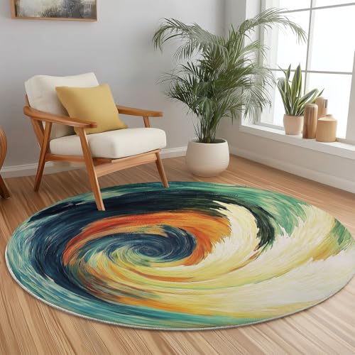 Runder Teppich Grün Orange, Antirutschunterlage Waschbar Mit Bedruckter Abstrakter Wirbel dekorativ für Schlafzimmer, Flur Wohnzimmer Couchtisch Fußmatten, 90 cm Runder Teppich Grün Orange, Antirutschunterlage Waschbar Mit Bedruckter Abstrakter Wirbel dekorativ für Schlafzimmer, Flur Wohnzimmer Couchtisch Fußmatten, 90 cm von Generisch