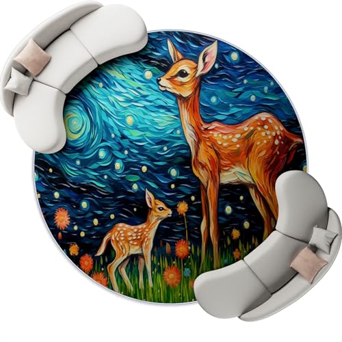 Runder Teppich Innenbereich 150 x 150 cm, Ölmalerei Sternenhimmel Hirsch Druck rutschfest und Waschbar Rund Teppiche - Weich Flanell Dunkelblau Teppich für Wohnzimmer Kinderzimmer Büro Flur Runder Teppich Innenbereich 150 x 150 cm, Ölmalerei Sternenhimmel Hirsch Druck rutschfest und Waschbar Rund Teppiche - Weich Flanell Dunkelblau Teppich für Wohnzimmer Kinderzimmer Büro Flur von Generisch