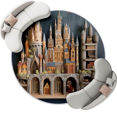 Runder Teppich Innenbereich 160 cm, Retro Schloss Turm Druck rutschfest und Waschbar Rund Teppiche - Weich Flanell Bunt Teppich für Wohnzimmer Kinderzimmer Büro Flur von Generisch