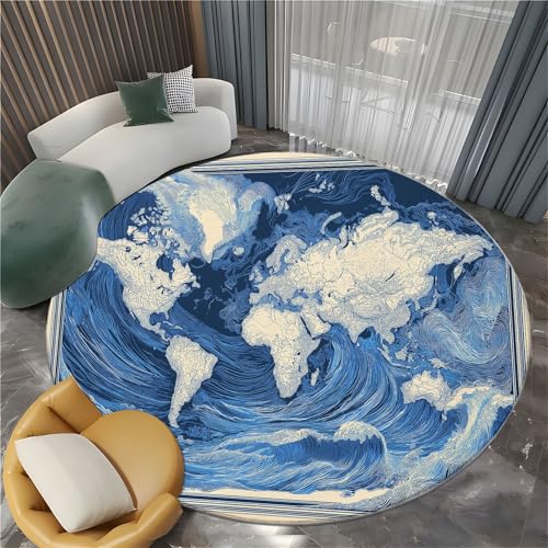 Runder Teppich Wohnzimmer Retro-Poster Weltkarte Mit Meereswellen 160 cm Flanel Runder Teppich, für Küche Esszimmer und Schlafzimmer Fußmatte Blau Kurzflor Runde Teppiche Extra Weich Pflegeleicht von Generisch