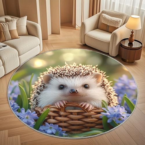 Runder Waschbar rutschfest Teppiche Niedlicher Tier-Igel Teppich Rund 200cm Lila BlüTen Kurzflor Weicher Fußmatten fürs Wohnzimmer, Kinderzimmer, Schlafzimmer und die Küche von Generisch