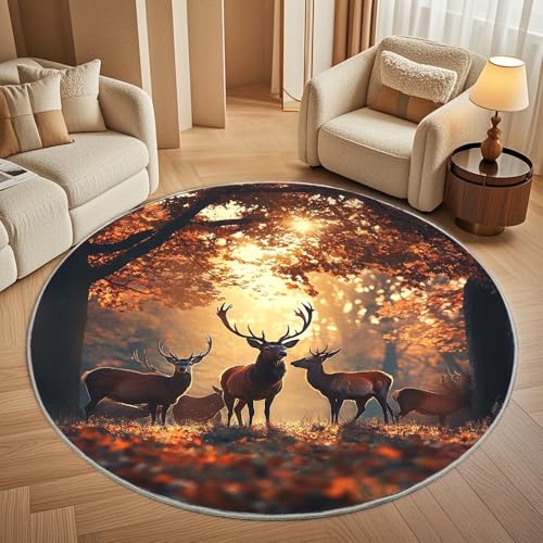 Runder Waschbar rutschfest Teppiche Rentiermuster Teppich Rund 100cm Herbstwald Kurzflor Weicher Fußmatten fürs Wohnzimmer, Kinderzimmer, Schlafzimmer und die Küche von Generisch