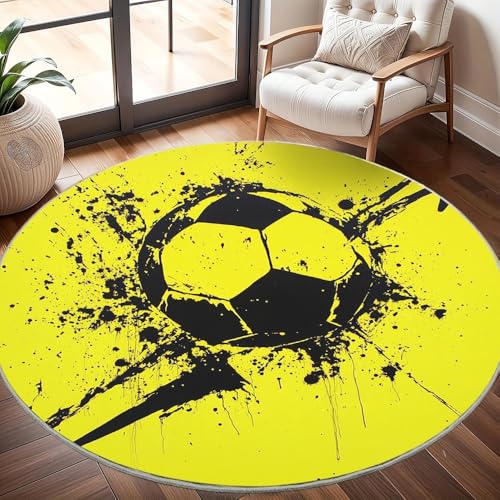 Runder Waschbar rutschfest Teppiche StraßEnfußBall-Graffiti Teppich Rund 180cm Gelb Kurzflor Weicher Fußmatten fürs Wohnzimmer, Kinderzimmer, Schlafzimmer und die Küche von Generisch