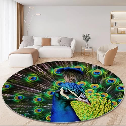 Runder Weich Kurzflor Teppich Blaugrün - Waschbar rutschfest Natur Vögel Pfau Bedruckt Teppich für Schlafzimmer Esszimmer Babyzimmer Kinderzimmer, 100 cm Runder Weich Kurzflor Teppich Blaugrün - Waschbar rutschfest Natur Vögel Pfau Bedruckt Teppich für Schlafzimmer Esszimmer Babyzimmer Kinderzimmer, 100 cm von Generisch
