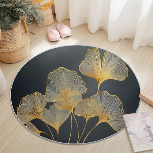 Runder Weich Kurzflor Teppich Dunkelgrau - Waschbar rutschfest Abstraktes Botanisches Ginkgoblatt-Design Bedruckt Teppich für Schlafzimmer Esszimmer Babyzimmer Kinderzimmer, 60 cm von Generisch