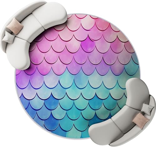 Runder Wohnzimmer Teppich 150 x 150 cm, Indoor Rutschfester Cartoon Regenbogen Meerjungfrauenschuppen Maschinenwaschbar Teppiche für Kinder & Haustiere - Bunt Faltbarer Nicht haarender Teppich Runder Wohnzimmer Teppich 150 x 150 cm, Indoor Rutschfester Cartoon Regenbogen Meerjungfrauenschuppen Maschinenwaschbar Teppiche für Kinder & Haustiere - Bunt Faltbarer Nicht haarender Teppich von Generisch