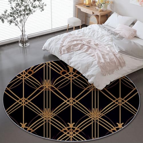 Runder Wohnzimmer Teppich 160 x 160 cm, Indoor Rutschfester Einfach Geometrisch Linien Maschinenwaschbar Teppiche für Kinder & Haustiere - Schwarz Faltbarer Nicht haarender Teppich von Generisch