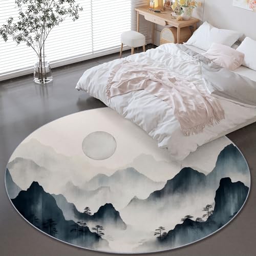 Runder Wohnzimmer Teppich 90 cm, Indoor Rutschfester Chinesischer Stil Berge Malerei Maschinenwaschbar Teppiche für Kinder & Haustiere - Hellgrau Faltbarer Nicht haarender Teppich Runder Wohnzimmer Teppich 90 cm, Indoor Rutschfester Chinesischer Stil Berge Malerei Maschinenwaschbar Teppiche für Kinder & Haustiere - Hellgrau Faltbarer Nicht haarender Teppich von Generisch