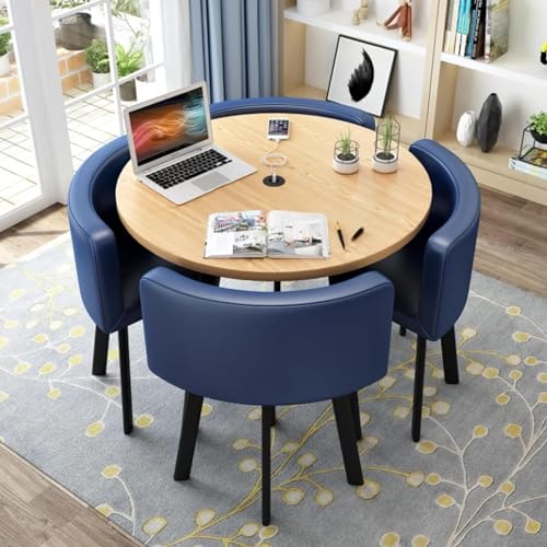 Rundes Esstisch-Set mit 4 Stühlen – kleine Bürokonferenzraum-Tische und Stühle für moderne Freizeit-Esszimmermöbel (Farbe: PU-Blau) von Generisch