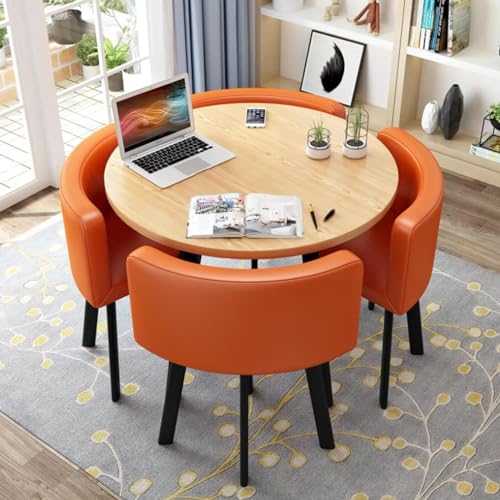 Rundes Esstisch-Set mit 4 Stühlen – kleine Bürokonferenzraum-Tische und Stühle für moderne Freizeit-Esszimmermöbel (Farbe: PU-Orange) von Generisch