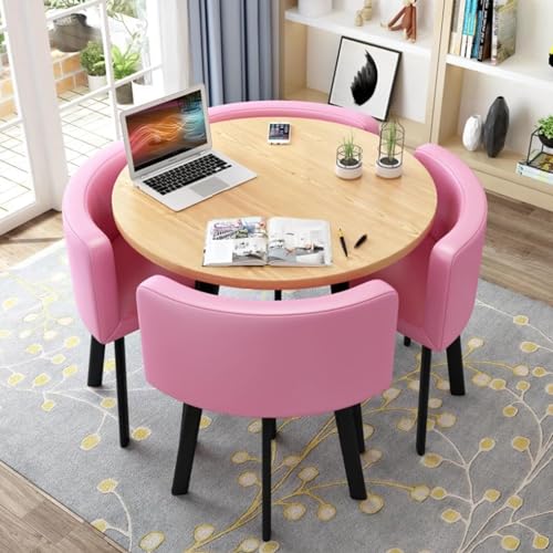 Rundes Esstisch-Set mit 4 Stühlen – kleine Bürokonferenzraum-Tische und Stühle für moderne Freizeit-Esszimmermöbel (Farbe: PU-Pink) von Generisch